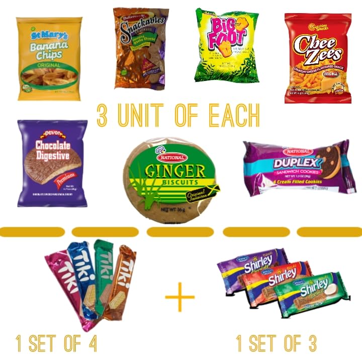Jamaican Snack Box (25 Pieces) – Authentic Caribbean Treats | Chee Zees, Big Foot, St. Mary’s Banana Chips & More