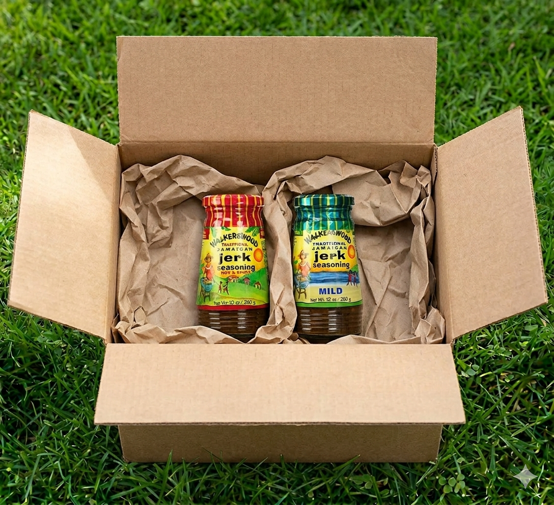 "Walkerswood Hot and Mild Jerk Seasoning jars in a cardboard box, authentic Jamaican product