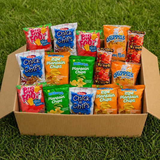 Jamaican Snack Box (15 Pieces) – Authentic Caribbean Chips & Biscuits | Big Foot, Plantain Chips, Chick N Chips | Taste of Jamaica Gift Pack