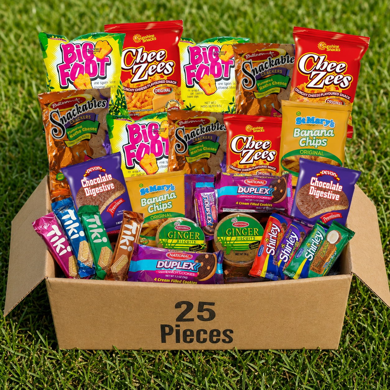 Jamaican Snack Box (25 Pieces) – Authentic Caribbean Treats | Chee Zees, Big Foot, St. Mary’s Banana Chips & More
