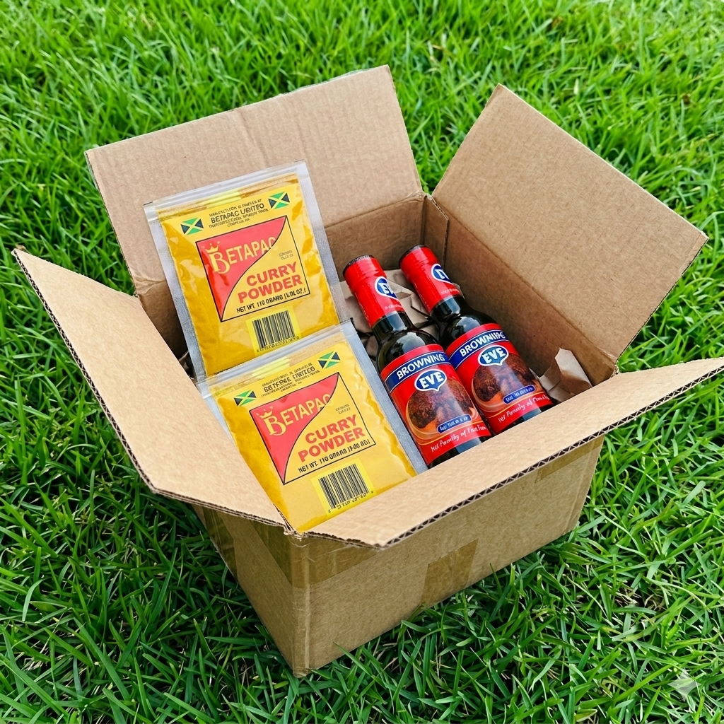 Jamaican Pantry Essentials Bundle containing 2 Betapac Curry Powder sachets and 2 Eve Browning sauce bottles in a cardboard box on grass.