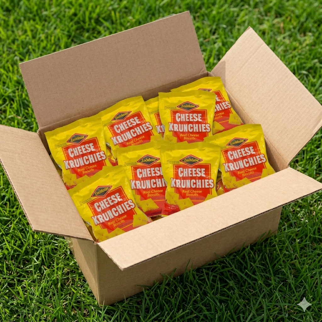 12 Pack of Excelsior Cheese Krunchies Jamaican Snacks in a shipping box."