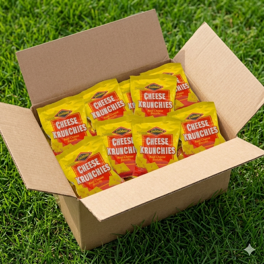 12 Pack of Excelsior Cheese Krunchies Jamaican Snacks in a shipping box."